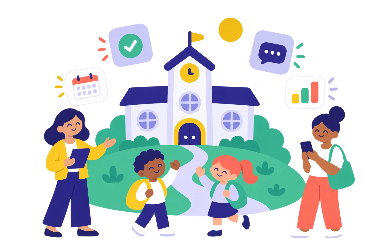 Illustration of a cheerful school with a teacher, two students and a parent, surrounded by app cards