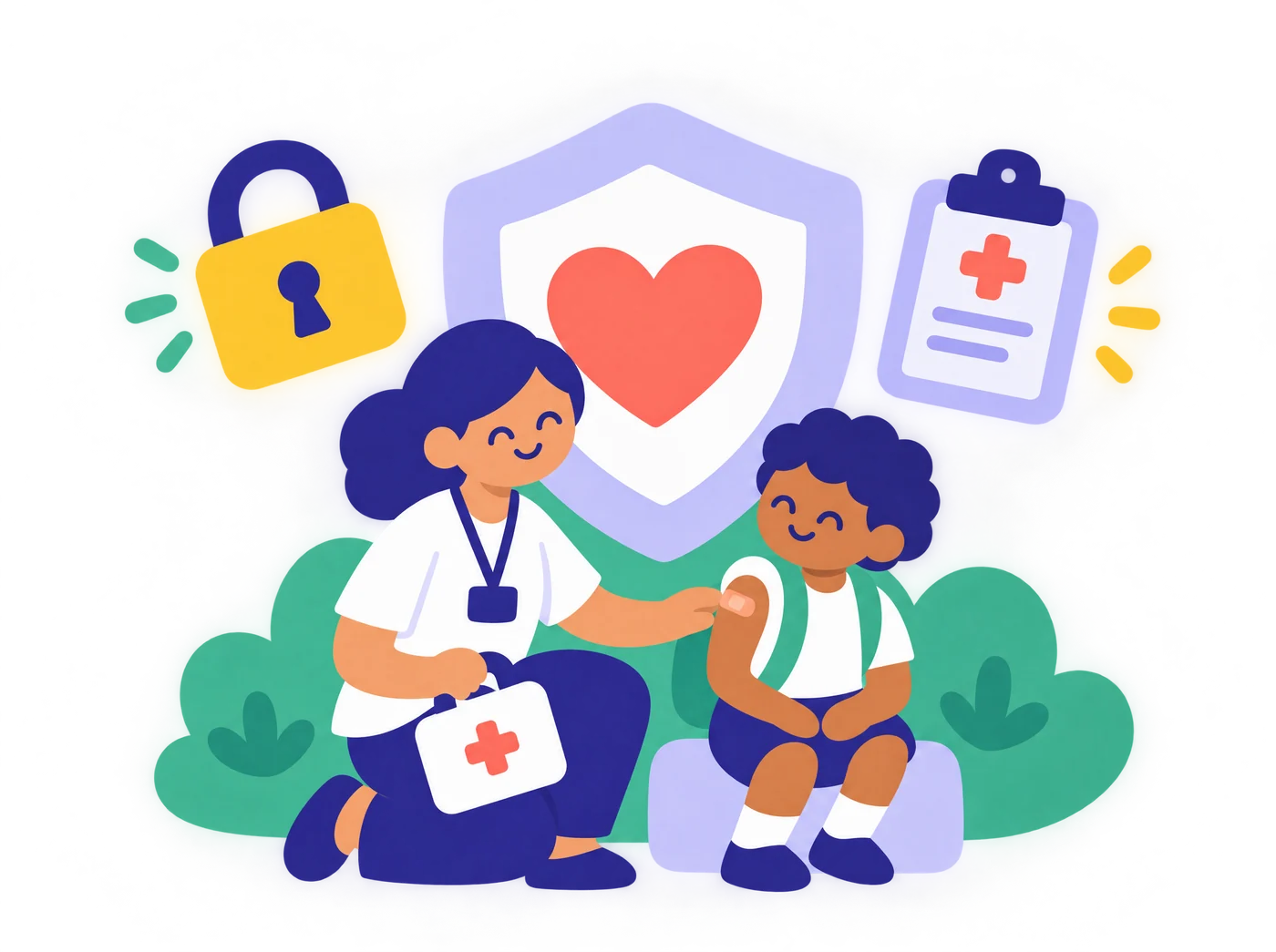 School nurse caring for a student beside a shield with a heart